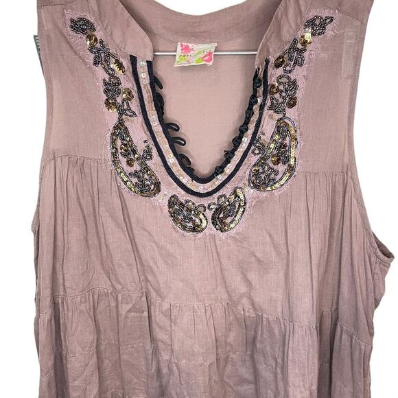 FREE PEOPLE Vintage Tiered Mauve Mini Dress Embroidered Sequins Size Small EUC - Picture 3 of 13